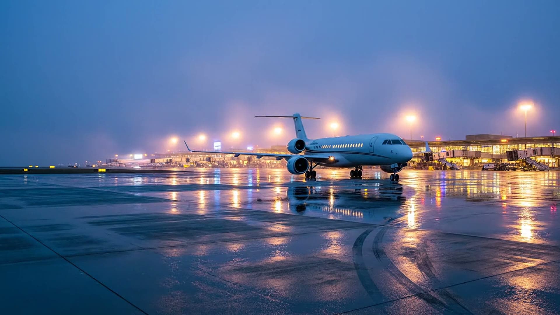 Private jet parked on an airport apron