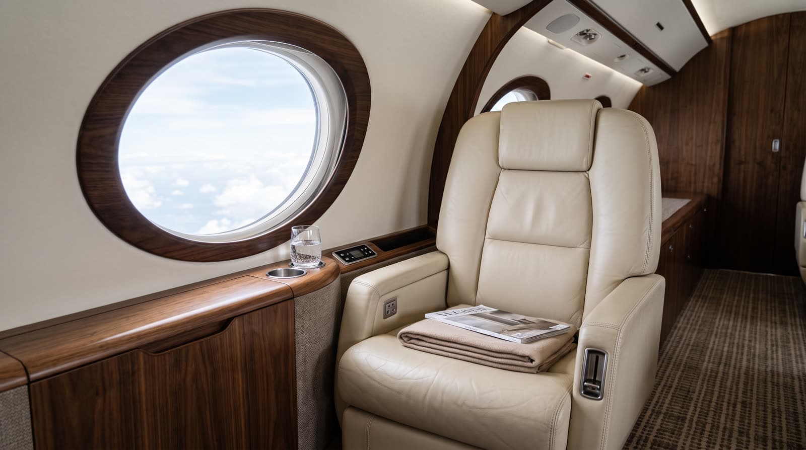 Private aircraft cabin seat beside a window