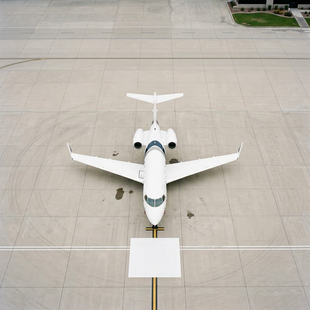 Business jet in flight above a mountain landscape